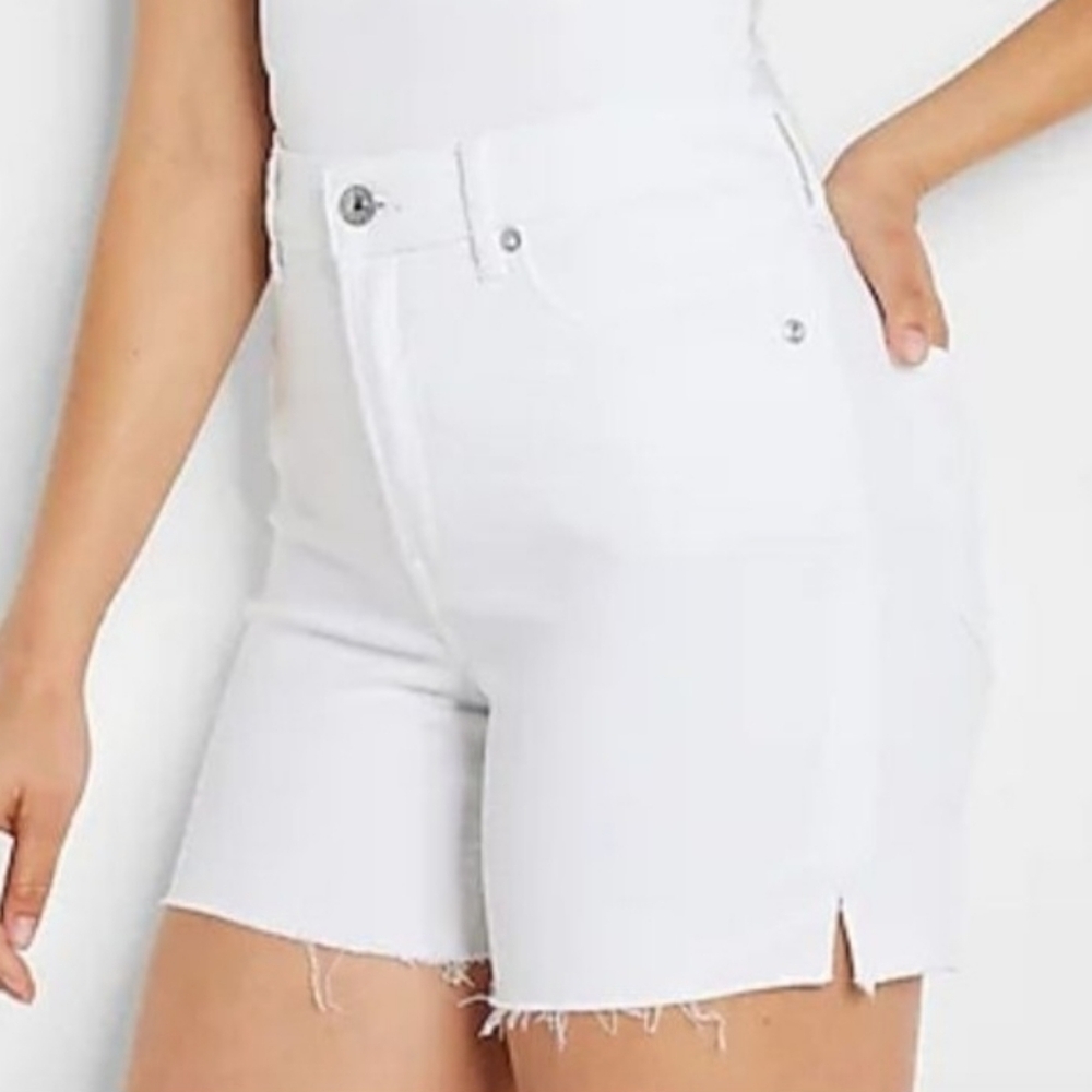 Express White High-Rise Frayed Hem Denim Shorts